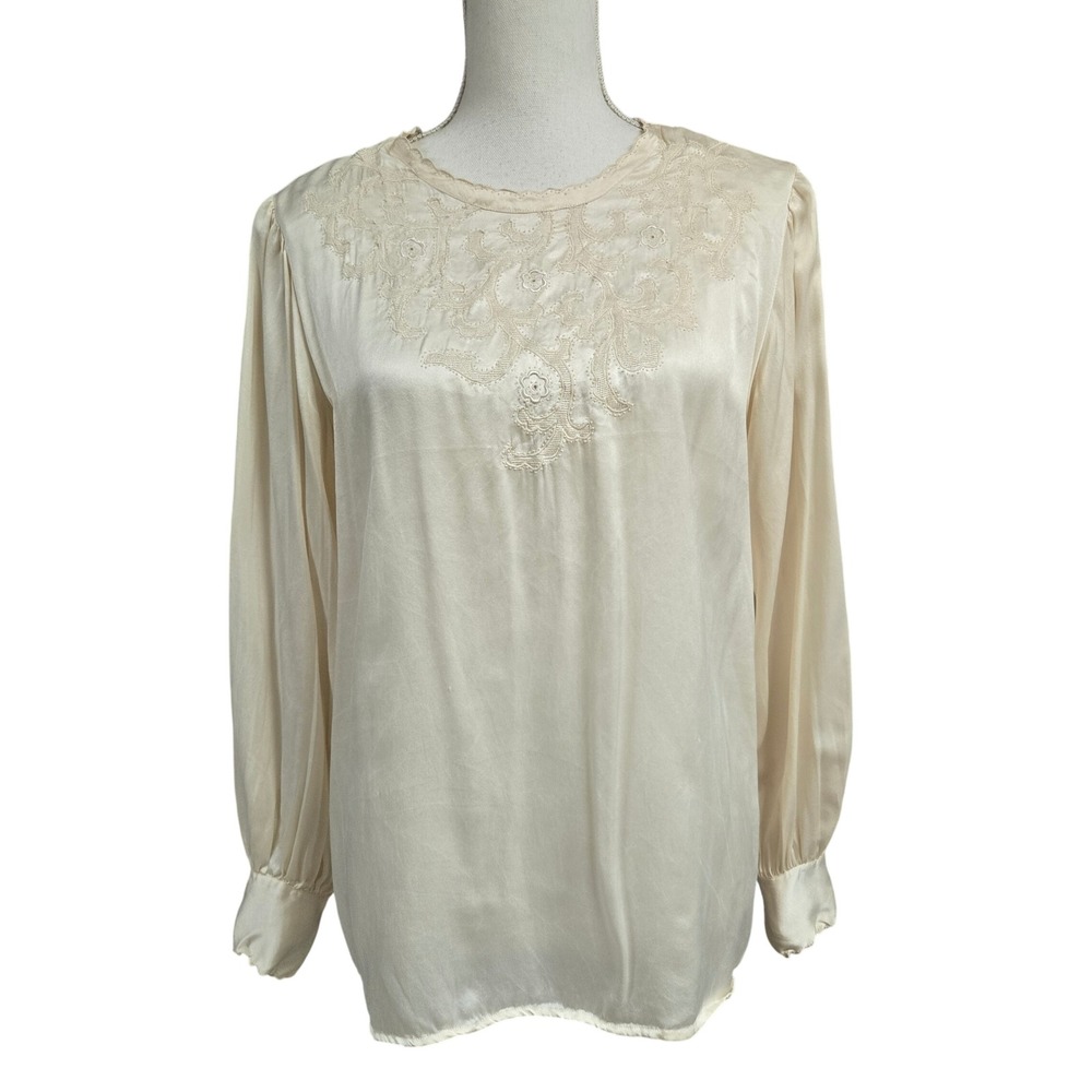 Levante‎ Vintage 100% Pure Silk Embroidered Blouse Cream Ivory Top Women's Sz 14